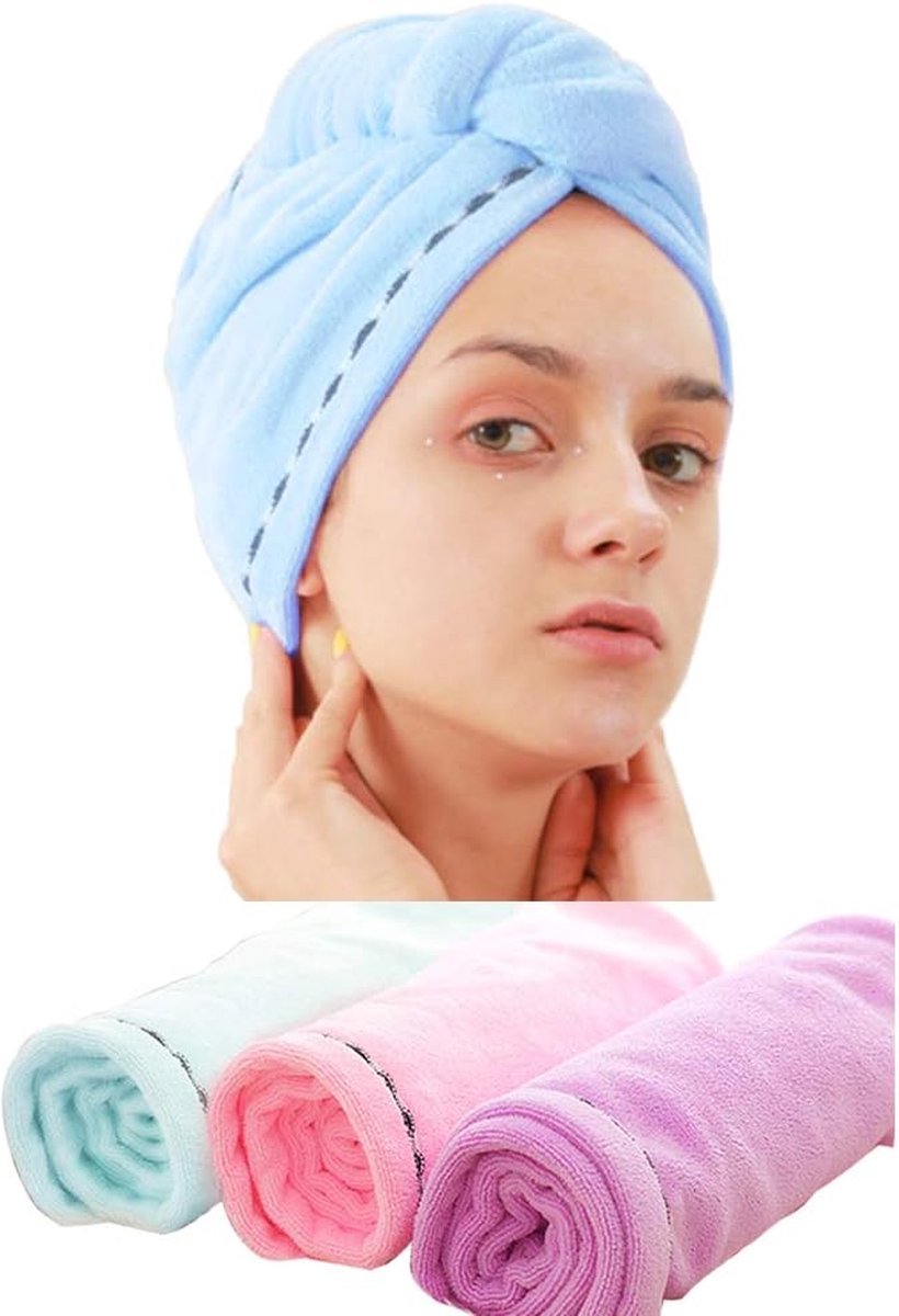Laicky 3 Pack Microfiber Haar Drogen Handdoek Wrap Super Absorberende Twist Tulband Sneldrogende Haar Caps met Knopen Bad Loop Fasten Salon Droog Haar Hoed Roze Blauw Paars