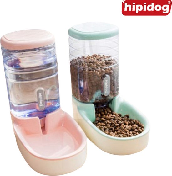 Hipidog - automatische dierenvoeder (set van 2) - blauwe voerbak & roze waterbak - automatische voerbak- kat & hond - waterbak + voerbak - automatische voerbak kat - voerautomaat kat - drinkbak hond