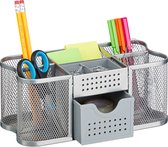 Boîte à crayons en métal Relaxdays - porte-stylos avec tiroir - organiseur de bureau 7 compartiments - moderne - argent