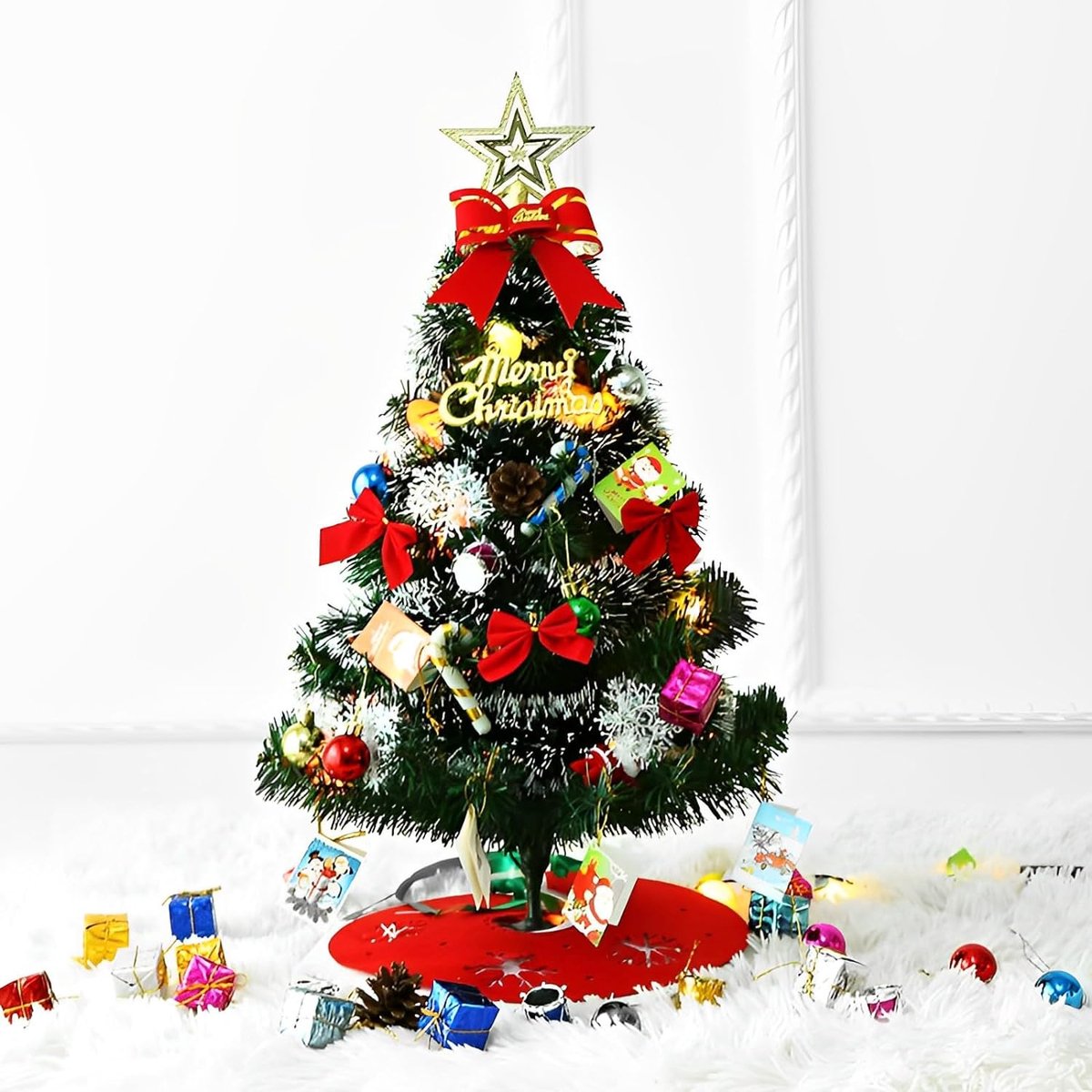 60 cm, mini-boom en ornamenten kunstkerstboom voor tafel, kerstboom, kleine kerstboom met ornamenten, kerstdecoratie voor kantoor, thuis, decoratie, tafel, kerstfeest