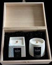 BAM geurkaarsen aqua in een houten kist - cadeaupakket met 2 kaarsen - geschenk
