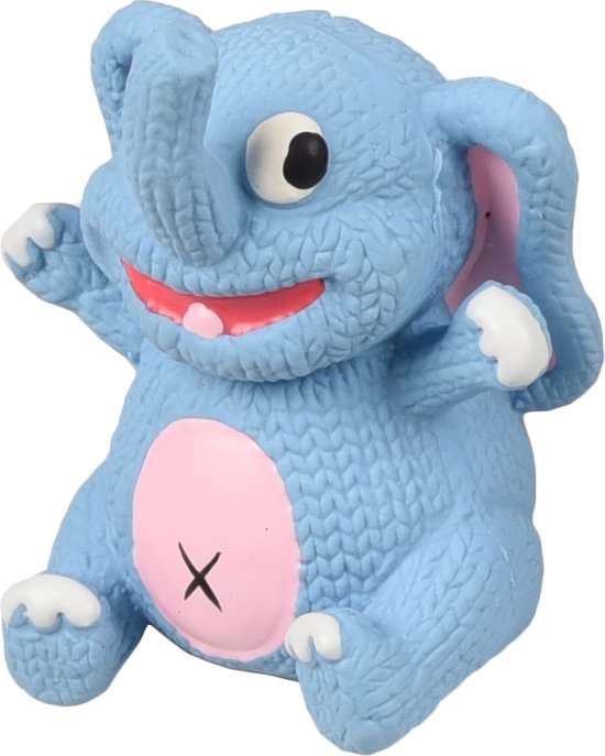 Een blauwe latex hondenspeeltje in de vorm van een olifant met een gebreid patroon.