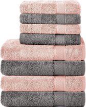 Set van 8 handdoeken van 100% katoen, 4 badhanddoeken van 70 x 140 cm en 4 handdoeken van 50 x 100 cm, badstof, zacht, handdoek, groot, antraciet grijs/bloemenroze
