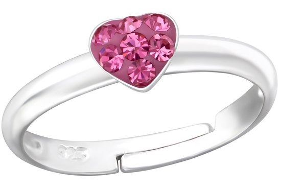 Joy|S - Zilveren hartje ring - verstelbaar - kristal roze - voor kinderen