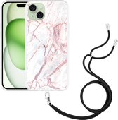 Cazy Hoesje met koord geschikt voor iPhone 15 Plus White Pink Marble