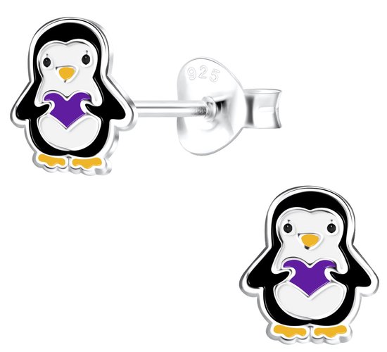 Joy|S - Zilveren pinguïn oorbellen - 6 x 7 mm - paars hartje - kinderoorbellen