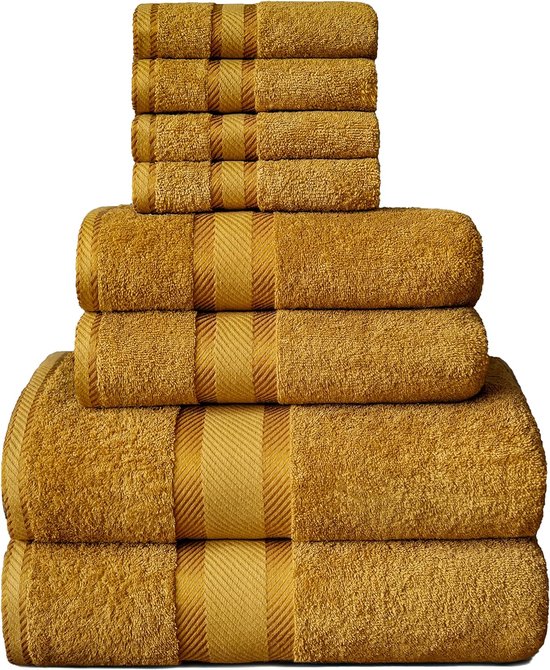 8-delige handdoekenset van 100% katoen, Öko-Tex getest, 550 GSM zeer zacht en super absorberend, 2 badhanddoeken, 2 handdoeken, 4 gastendoekjes (kleur mosterdgeel)