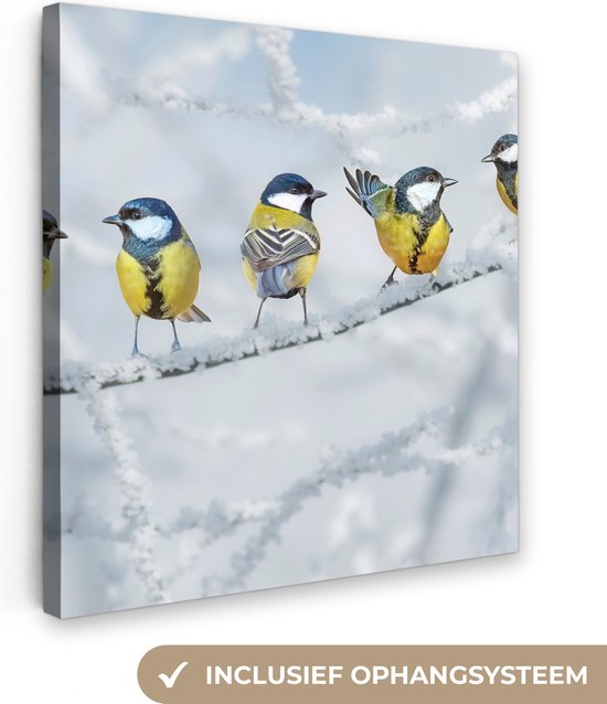 Canvas - Schilderij - Vogel - Koolmees - Winter - Sneeuw - Takken - Schilderijen op canvas - Canvas doek - 20x20 cm - Wanddecoratie vogels