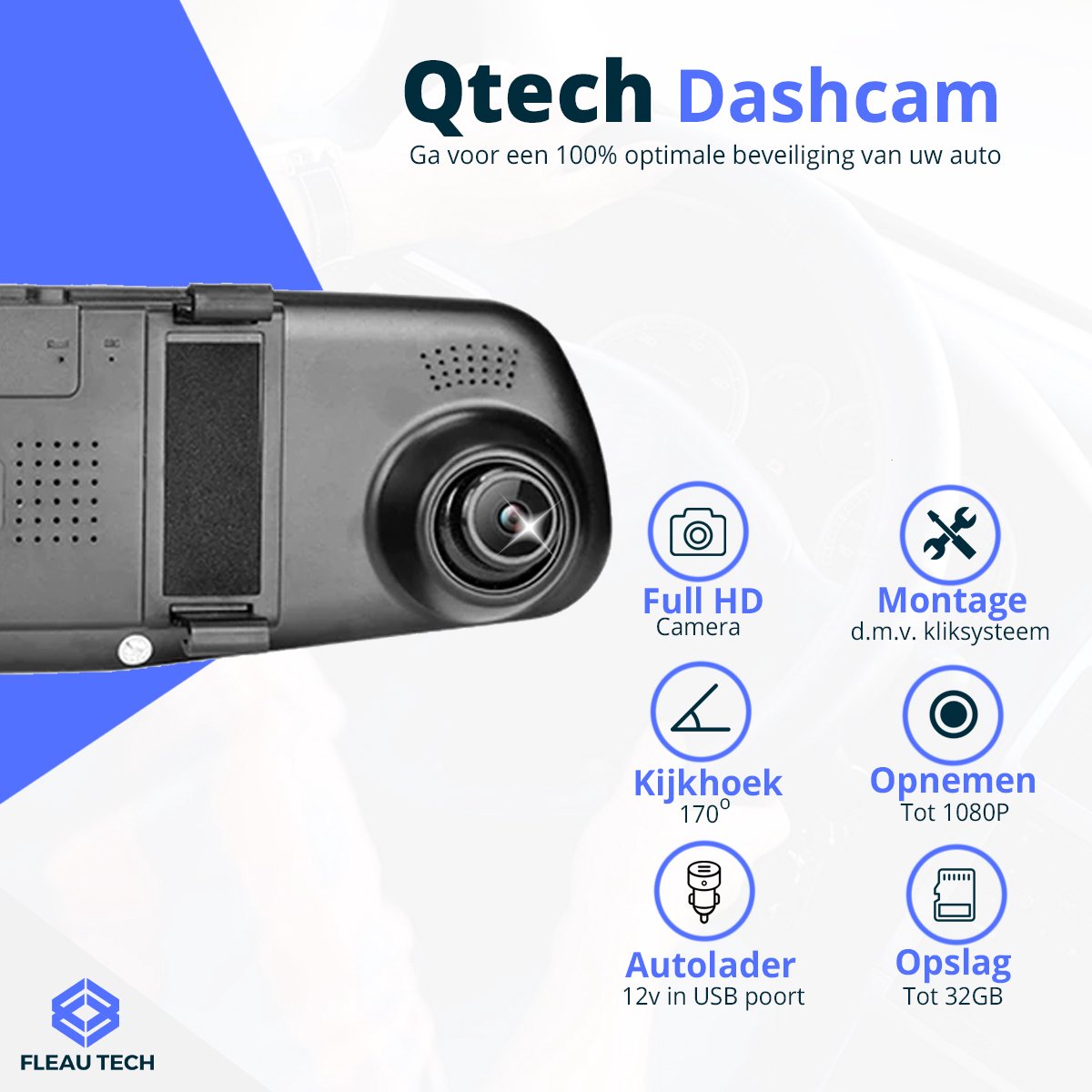 Fleau Tech Dashcam fürs Auto – Inkl. WLAN und App – Fahrtenschreiber mit Doppelobjektiv – Bewegungserkennung und Parkmodus – Full HD – 170° Weitwinkelobjektiv – Loop-Aufnahme – Micro SD-Karte 32 GB