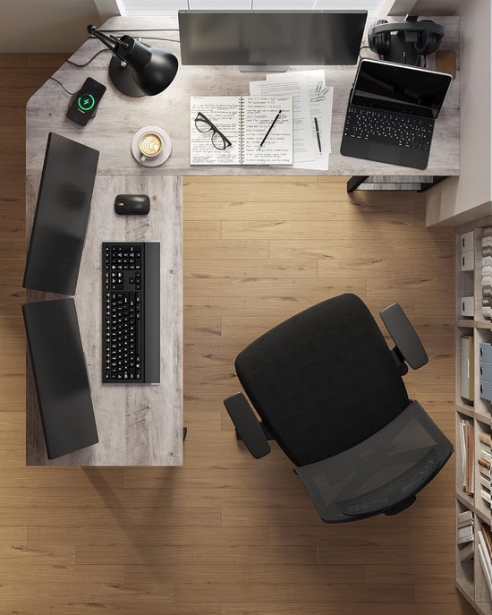 bureau, L hoekbureau met 2 planken, ruimtebesparend bureau in industrieel ontwerp, 138 x 138 x 75 cm