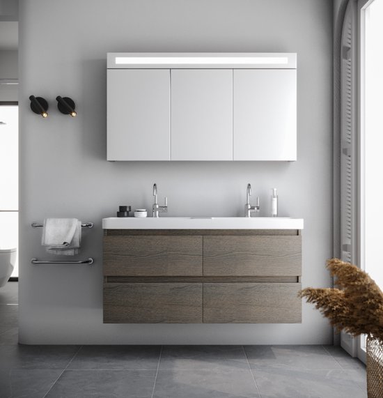 Spiegelkast / Badkamerkast Bellino - Houtnerf Grijs - 120x68cm - LED Verlichting - Voorgemonteerd - 3 Deurs - Tuimelschakelaar