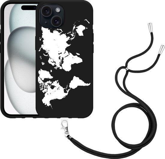 Foto: Cazy hoesje met koord zwart geschikt voor iphone 15 world map