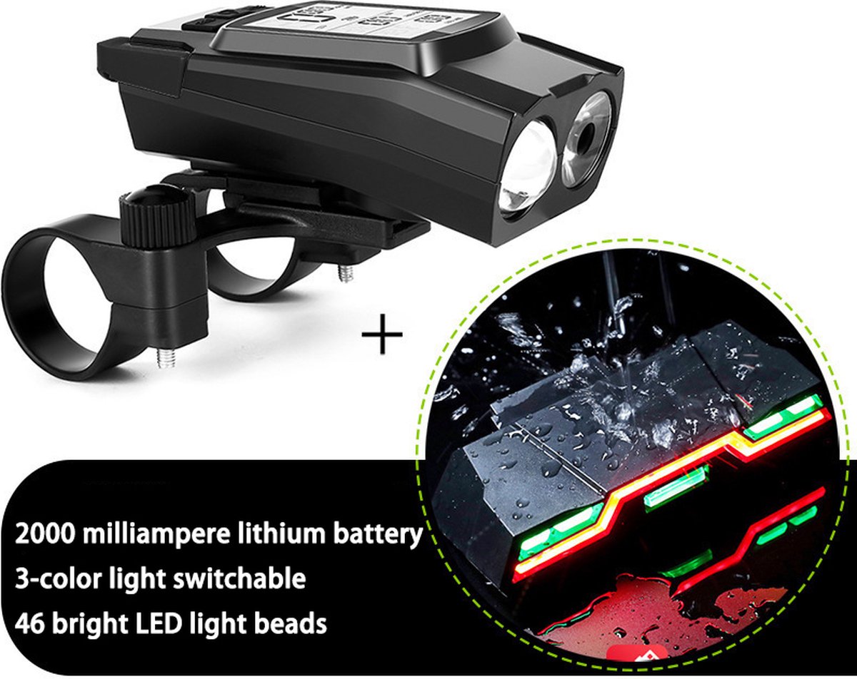 Led Fietsverlichting 3 in 1 Set - USB Oplaadbaar - Voorlicht en Achterlicht en Fiets Claxon - Waterbestendig - MTB & Racefiets Verlichting - Zwart