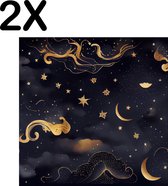 BWK Textiele Placemat - Goud - Zwart - Wolken - Nacht met Sterren - Set van 2 Placemats - 40x40 cm - Polyester Stof - Afneembaar