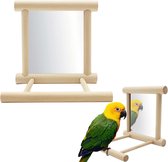 Vogelspiegel met zitstok, 10 x 10 x 10 cm, parkietenspeelgoed met spiegelhout, vogelstandaard met spiegel, vogelspeelgoed met spiegel voor papegaai, duif, kanarie.