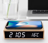 Mikamax Bamboo Wireless Charger Clock - Wekker - Bamboe - Draadloos Opladen - Ingebouwde Thermometer - Incl. USB-C Kabel