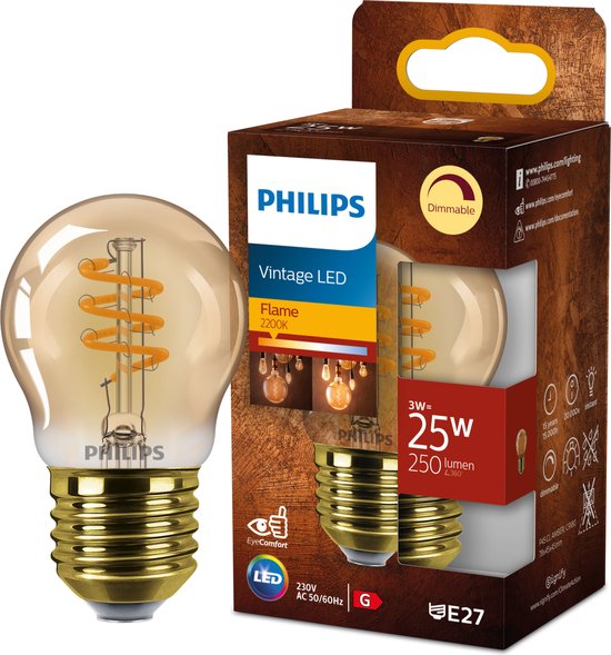 Lampe LED Vintage Philips, verre ambré avec filament en spirale, culot E27, emballée.