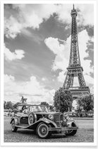 JUNIQE - Affiche Vintage Car & Eiffel -40x60 / Grijs & Wit