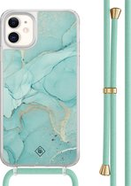 Casimoda® hoesje met mintgroen koord - Geschikt voor iPhone 11 - Marmer mint groen - Afneembaar koord - TPU/acryl - Mint