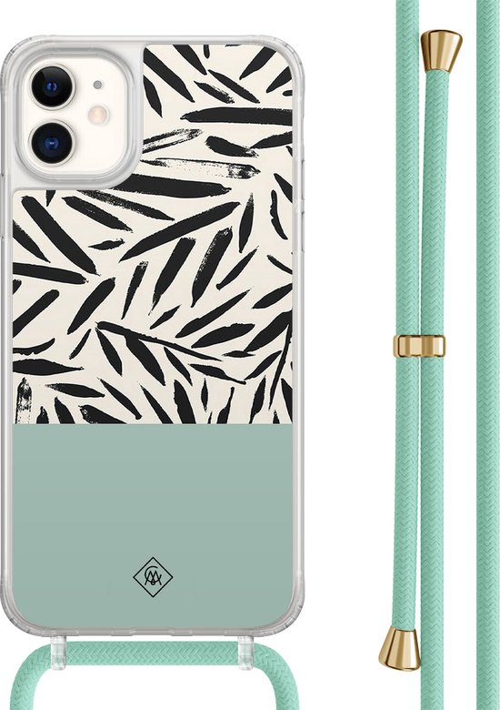 Casimoda® hoesje met mintgroen koord - Geschikt voor iPhone 11 - Abstract Mint Palms - Afneembaar koord - TPU/acryl - Mint