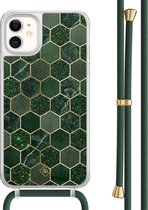 Casimoda® hoesje met groen koord - Geschikt voor iPhone 11 - Kubus Groen - Afneembaar koord - TPU/acryl - Groen