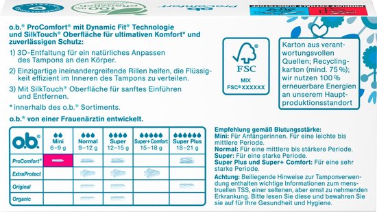 Achterkant van o.b. ProComfort Mini doos. Met uitleg over Dynamic Fit en SilkTouch. FSC logo. Productie met 100% hernieuwbare energie.