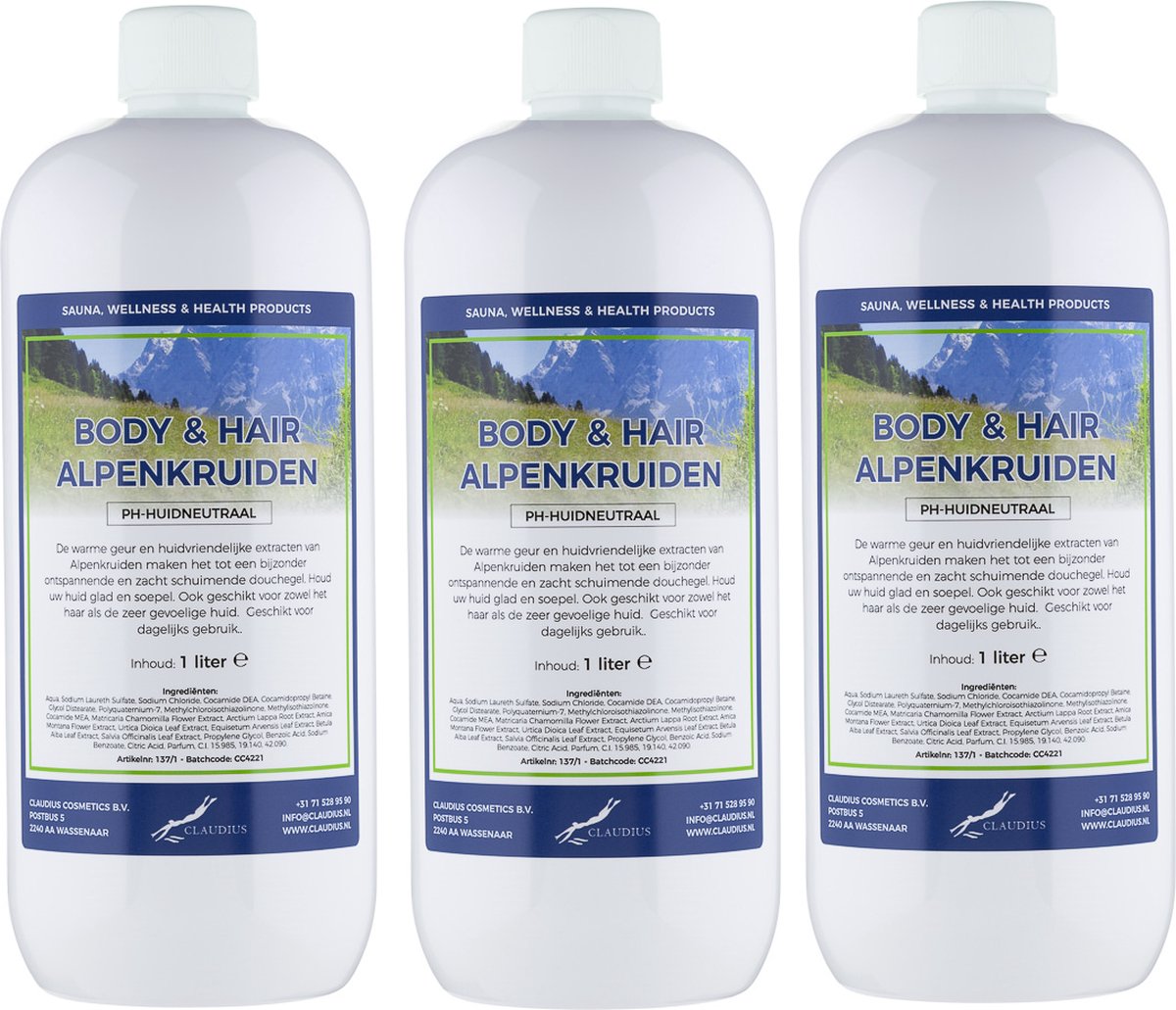 Goedkoopste Body & Hair Alpenkruiden - 1 liter - set van 3 stuks - 2 in 1 voor lichaam en haar.