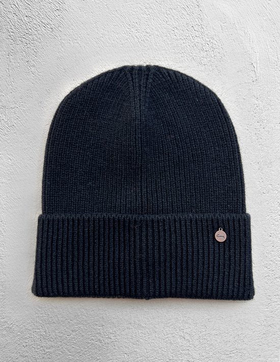 Bonnet avec rabat - tricot côtelé - laine mérinos/cachemire - noir