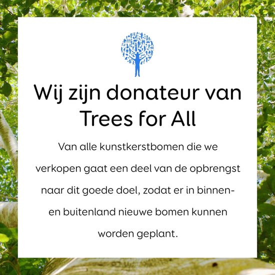 Tekst 'Wij zijn donateur van Trees for All' met logo, over achtergrond van boomtakken.