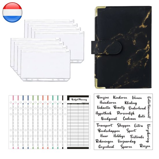 Nederlandstalige A6 Budgetplanner met Geldenveloppen - Black Marble – Budget Planner – Kasboek – Budgetplanners Binder – Geldmapjes – Kasboekje in en uitgaven – Budgetteren – Boekje
