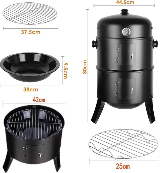 Rookoven, 3-in-1 rookoven, houtskoolgrill, rookoven, Ø 44,5 x 80 cm, incl. regelbare luchtafvoer en thermometer, waterschaal, 2 grillroosters (φ 37,5 cm), voor roken, grillen en koken — afbeelding 4