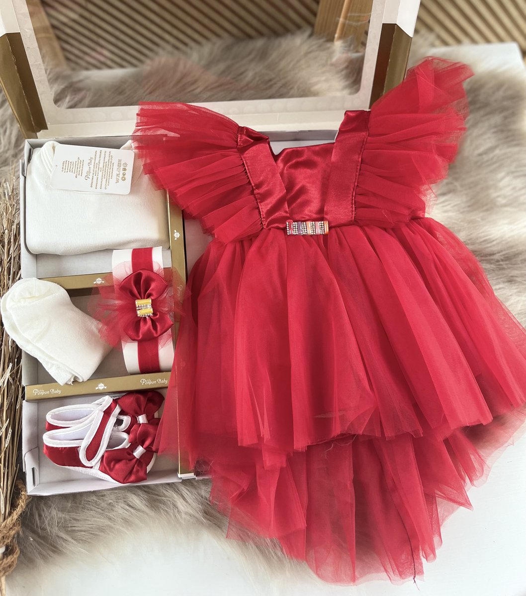 Goedkoopste luxe feestjurk-bruidsjurk-Baby jurk-tule jurk-doopjurk -doopkleedje-onderhemd-haarband-schoentjes-kousenbroek-new born-geschenkdoos-kraamcadeau-fotoshoot newborn-doopsel-5 delige set-rode kleur-maat 56/62 (0 tem 4 maanden