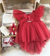luxe feestjurk-bruidsjurk-Baby jurk-tule jurk-doopjurk -doopkleedje-onderhemd-haarband-schoentjes-kousenbroek-new born-geschenkdoos-kraamcadeau-fotoshoot newborn-doopsel-5 delige set-rode kleur-maat 56/62 (0 tem 4 maanden)