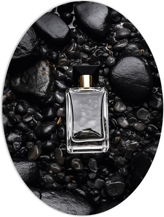 PVC Schuimplaat Ovaal - Parfum - Flesje - Goud -Zwart - Stenen - 60x80 cm Foto op Ovaal (Met Ophangsysteem)