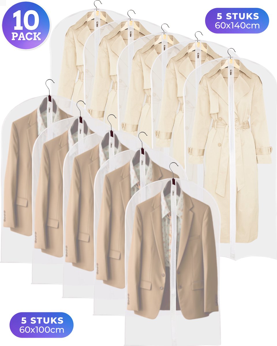 10x Kledinghoes met Rits - 2 Handige Formaten Waterbestendig Hoes met Opening voor Kledinghanger - Kledingbescherming - Stofbestendig - Opbergzak - Reizen - 60x100cm en 60x140cm - Doorschijnend - Voordeelset