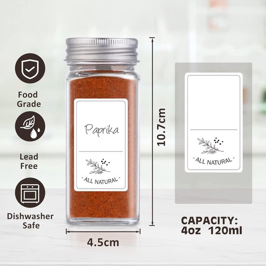 Cuccinara® Kruidenpotjesset, vierkant, 24 stuks, 120 ml - 10,5 cm x 4,3 cm, roestvrijstalen deksel met kruidenetiketten, strooiinzet en witte krijtstift om te beschrijven, siliconen trechter