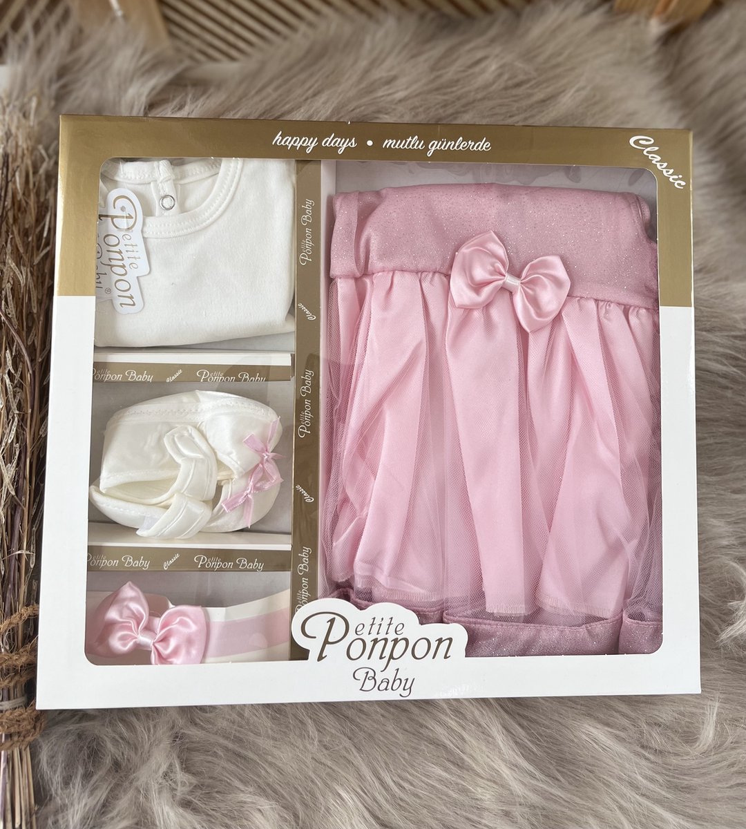 luxe feestjurk-bruidsjurk-Baby jurk-tule jurk-doopjurk -doopkleedje-onderhemd-haarband-schoentjes- new born-geschenkset -geschenkdoos-kraamcadeau-fotoshoot newborn-doopsel-4 delige set-roze kleur-maat 56/62 (0 tem 3 maanden) – foto 3