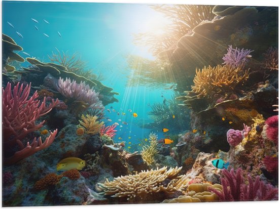 Vlag - Onderwater - Oceaan - Zee - Koraal - Vissen - Kleuren - Zon - 80x60 cm Foto op Polyester Vlag
