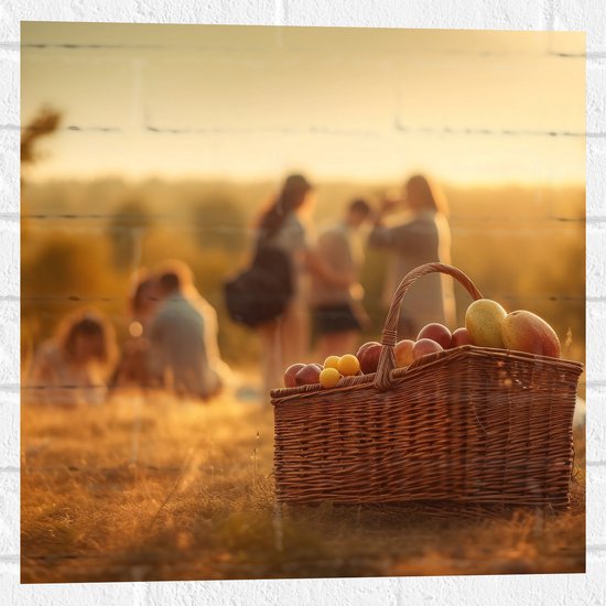 Muursticker - Picknick - Mand - Eten - Fruit - Mensen - Veldje - 50x50 cm Foto op Muursticker
