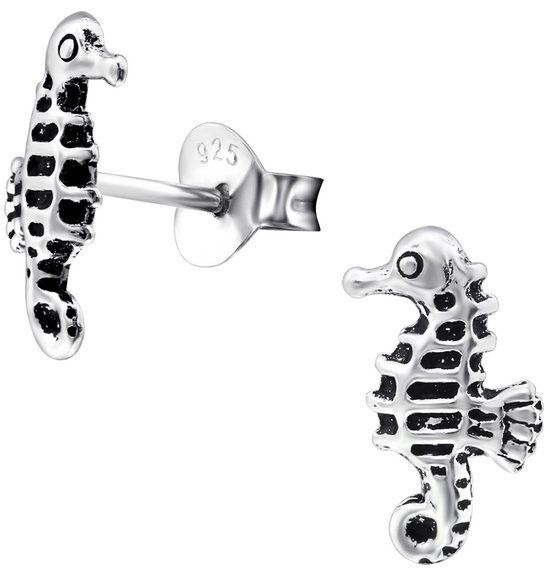 Joy|S - Zilveren zeepaardje oorbellen - 6 x 10 mm - geoxideerd