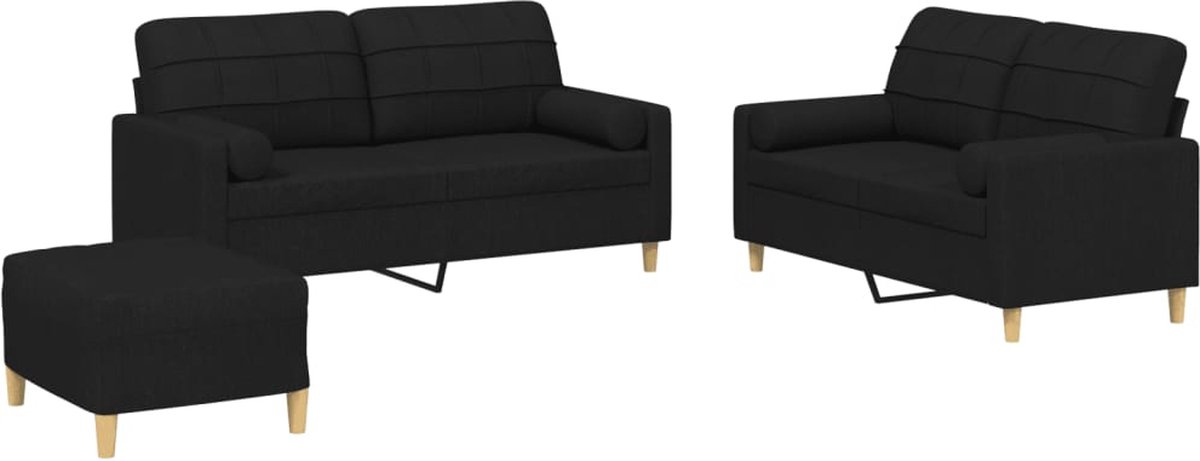 vidaXL - 3-delige - Loungeset - met - kussens - stof - zwart