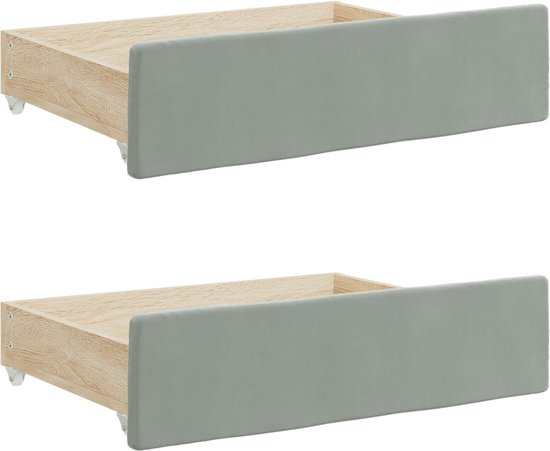 Twee uittrekbare lades voor slaapbank, houten frame met lichtgrijze bekleding.
