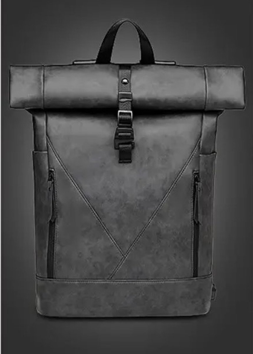 Manks Collections ® Rolltop Laptop Rugzak tot 17 laptop inch - Rugtas 20 tot 28 L - waterproof - PU Leer Waterdicht en Duurzaam - Zwart PU leer rolltop rugzak