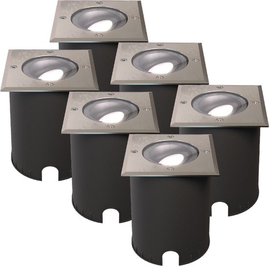 HOFTRONIC - Set van 6 Cody LED Grondspots XL RVS - Vierkant - Dimbaar en kantelbaar - IP67 Waterdicht - GU10 4.5W 345 Lumen - Geschikt voor tuin, oprit en pad