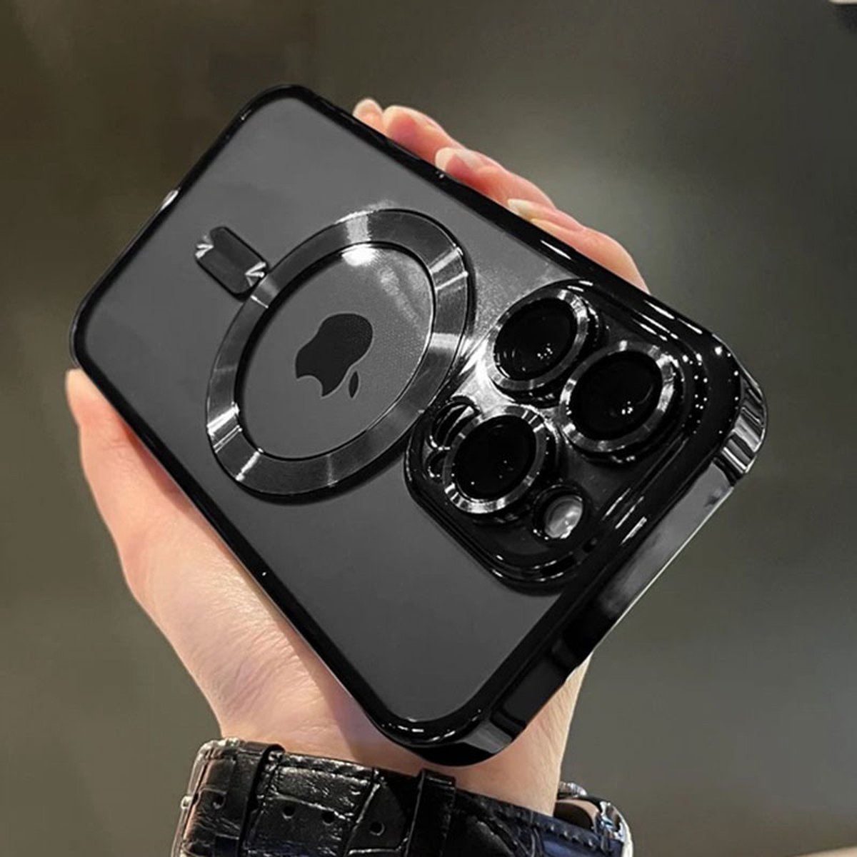 iPhone 14 Pro Transparant MagSafe Magnetische Telefoon Hoesje - Achterkant Doorzichtig case met Camerabescherming - Zwart