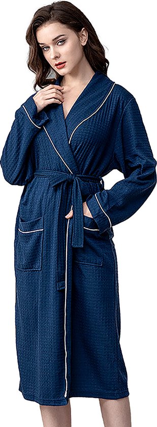 CALIYO Badjas Dames - Kimono - Sauna Badjas - Pyjama Dames - Katoen - Donkerblauw - M