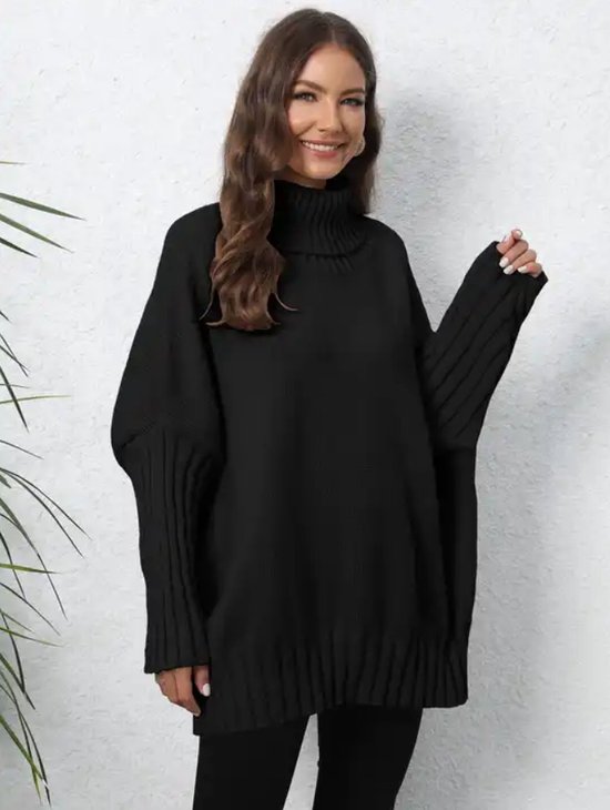 ASTRADAVI Winter Mode - Trui - Dames Gebreide Coltruien - Warme en Stijlvolle Oversized Pullover Sweater - One Size - Zwart