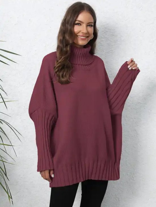 ASTRADAVI Mode Hivernale - Pull - Pulls col roulé Roulés Tricotés pour Femme - Pull Oversize Chaud et Élégant - Taille Unique - Vin Rouge