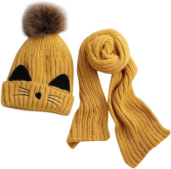 ENSEMBLE. Bonnet d'hiver pour enfants avec pompon et écharpe