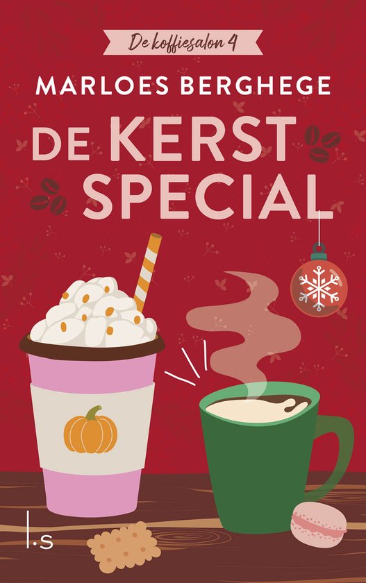 Boekomslag met de titel 'De kerst special' in grote letters, een pompoen latte en een groene mok met koffie. Achtergrond rood met kerstdecoratie.
